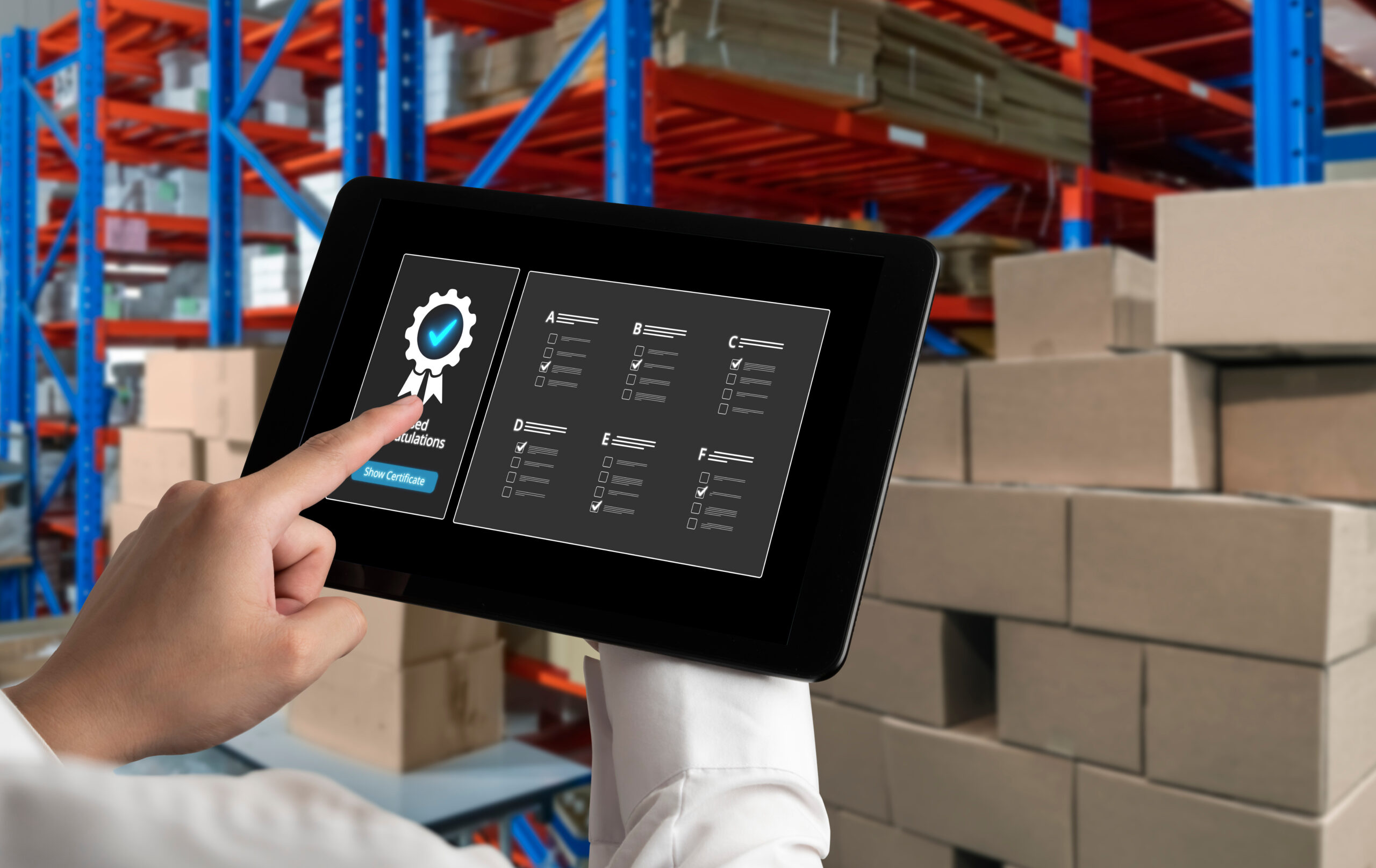 Digitaler Produktpass auf einem Tablet, Person steht im Lager