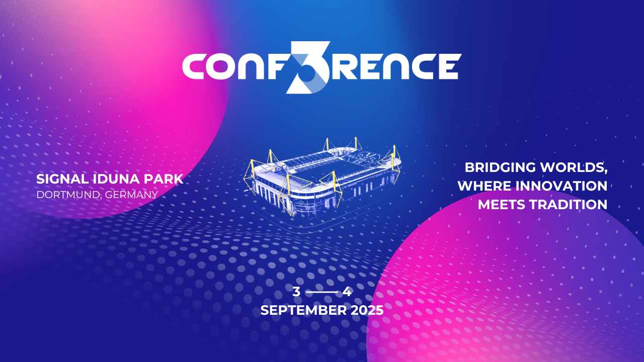 Keyvisual der Conf3rence 2025, blau-pinker Hintergrund, schmatische Illustration des Westfalen-Stations