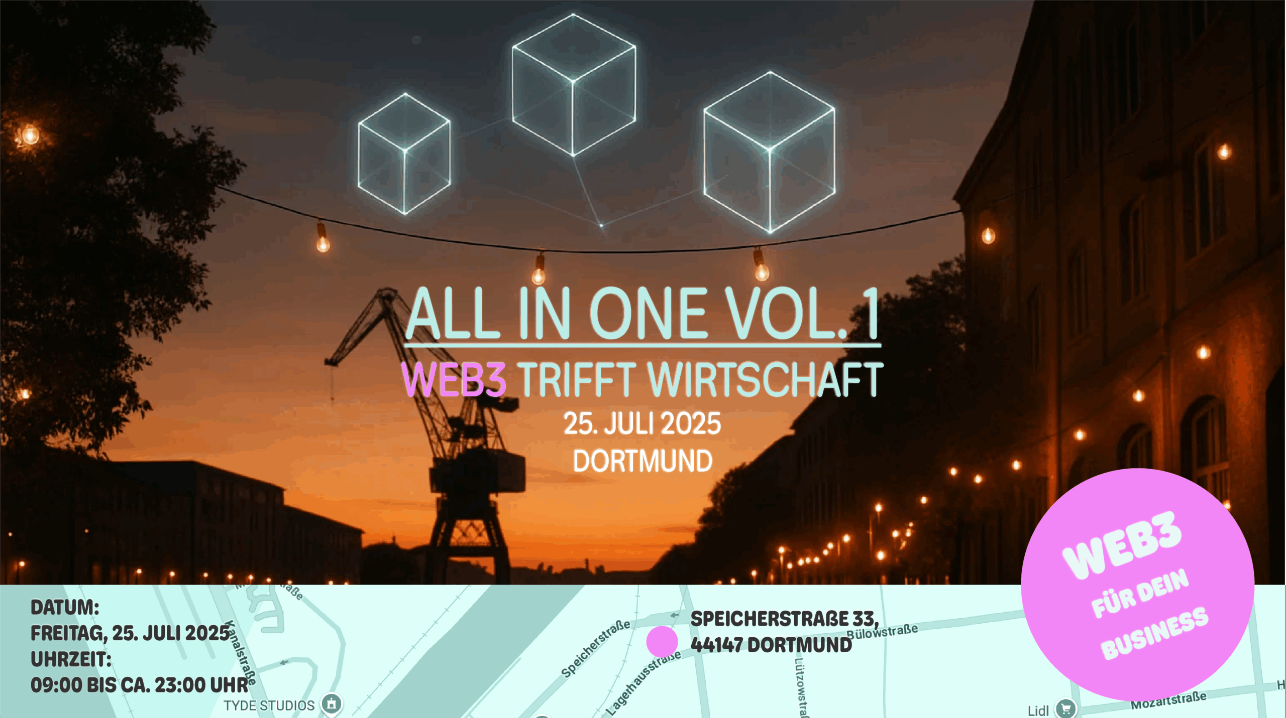 Blöcke einer Blockchain im Hintergrund ein Sonnenuntergang