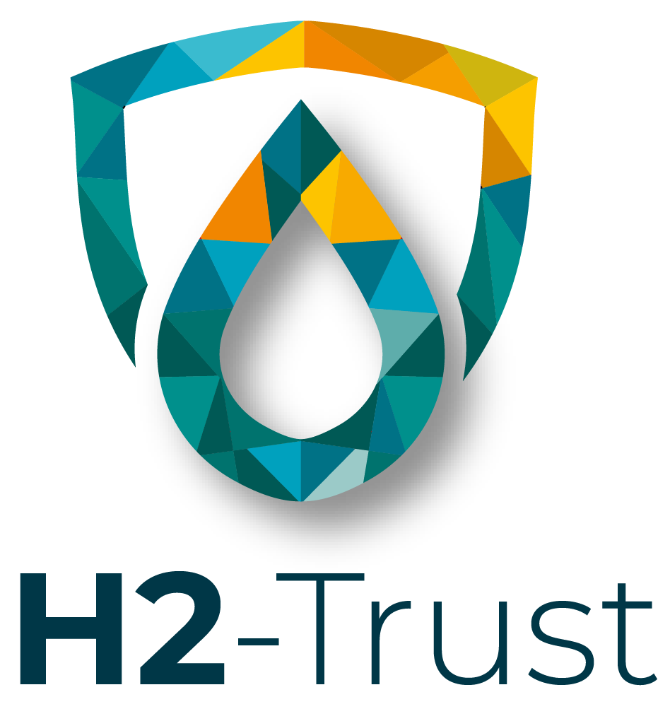 Bunte Dreiecke fügen sich zu einem Tropfen zusammen mit Schutzschildrahmen, Schriftzug H2-Trust