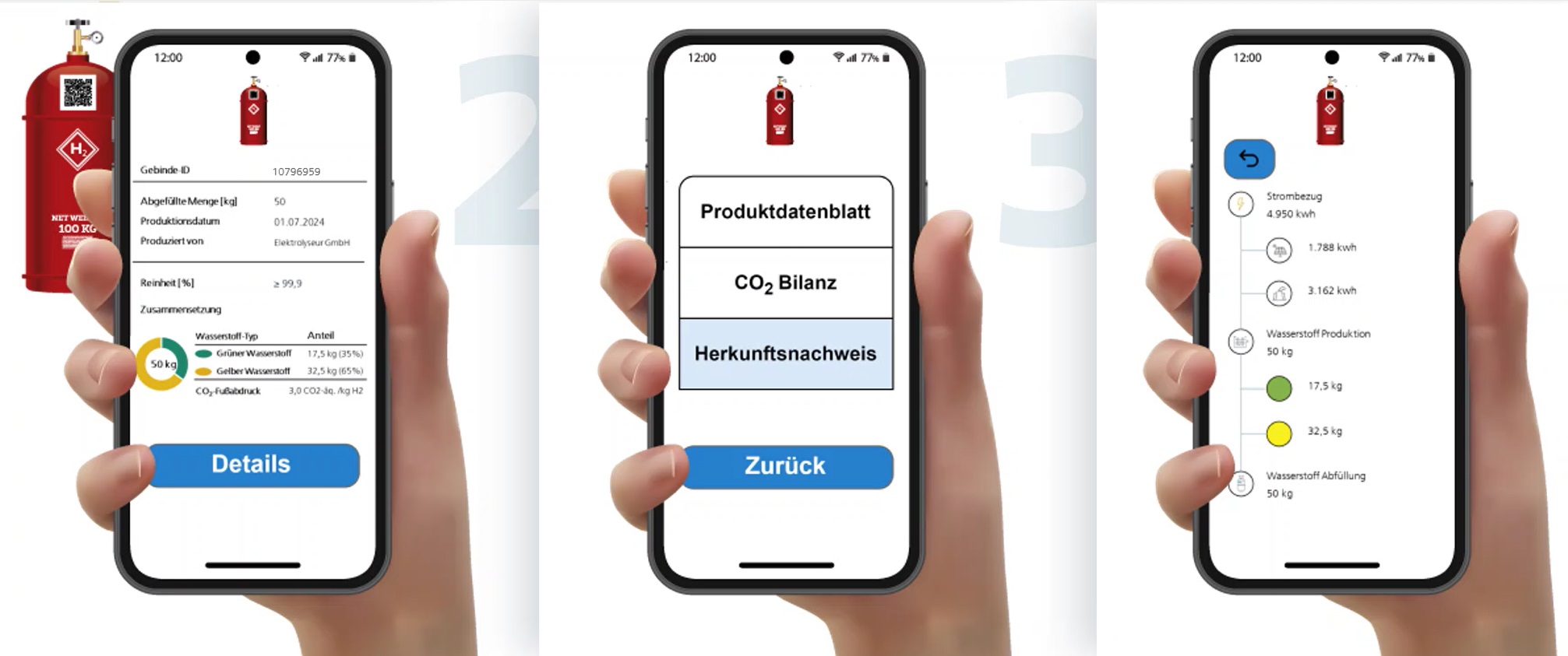 Produktpass-view-h2-trust Drei Smartphones zeigen die Produktansicht der Open Source Nachweisführung von H2-Trust aus dem DUH-IT-Projekt