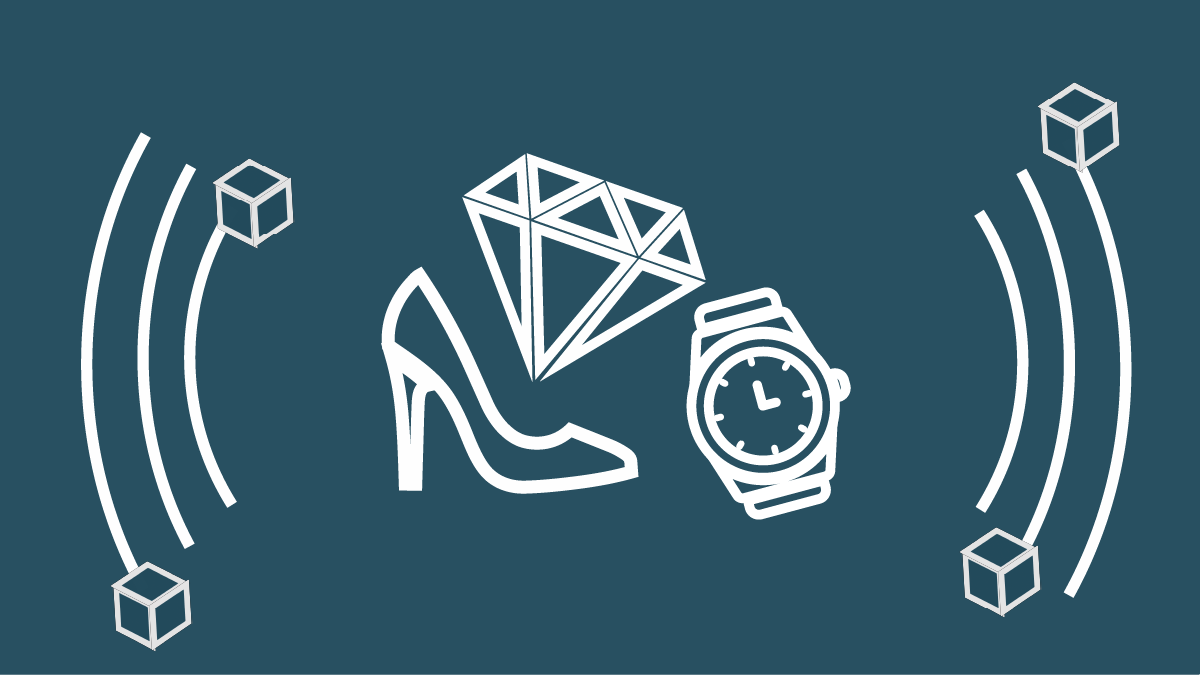 weiße Icons auf blauem Hintergrund, Pumps, Diamant, Armbanduhr