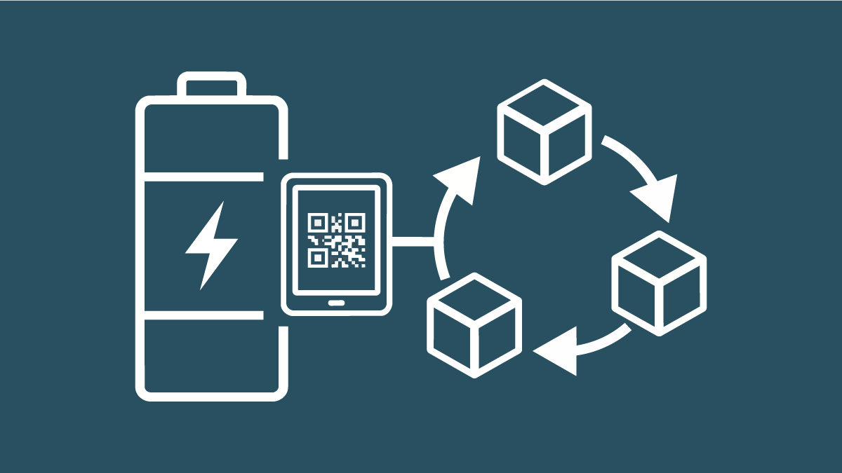 weiße Icons auf blauem Hintergrund, Batterie, Blockchain