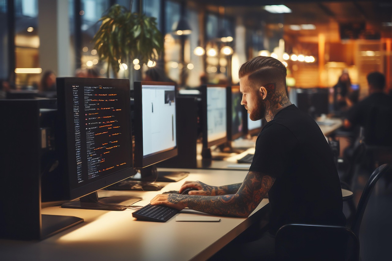 Smart Contracts Entwickler Mann mit kurzen, blonden Haaren sitzt vor Computerbildschirm und programmiert
