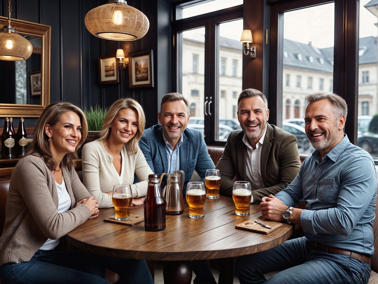 zwei Frauen und drei Männer sitzen an einem Tisch in einer Bar und trinken Bier