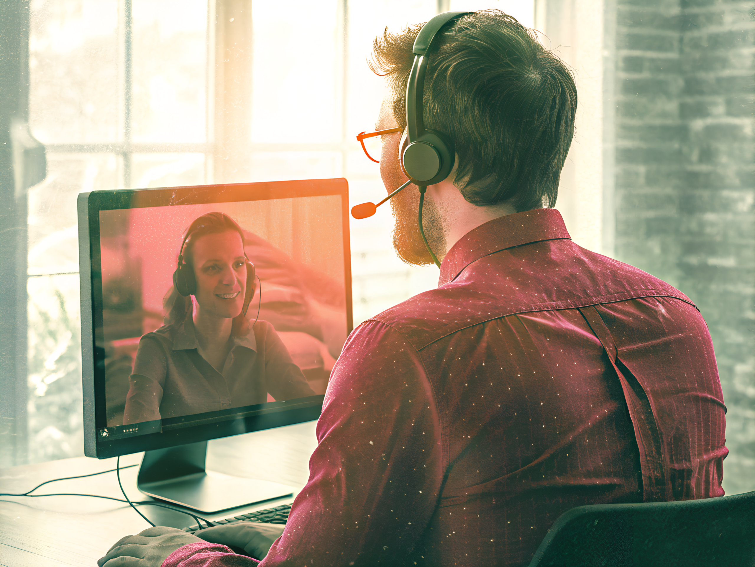 Mann mit Headset und Brille in Hemd sitzt vor Bildschirm. Bildschirm zeigt Frau mit Headset. Videokonferenz bei Tag. Sonne kommt durchs Fenster im Hintergrund.