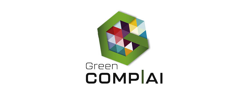 Sechseck mit grünem Rand, gefüllt mit bunten Dreiecken; Schriftzug: Green ComplAI