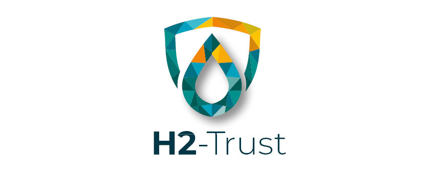 Blaue, grüne und orangene Dreiecke bilden einen Tropfen, Schriftzug: H2-Trust