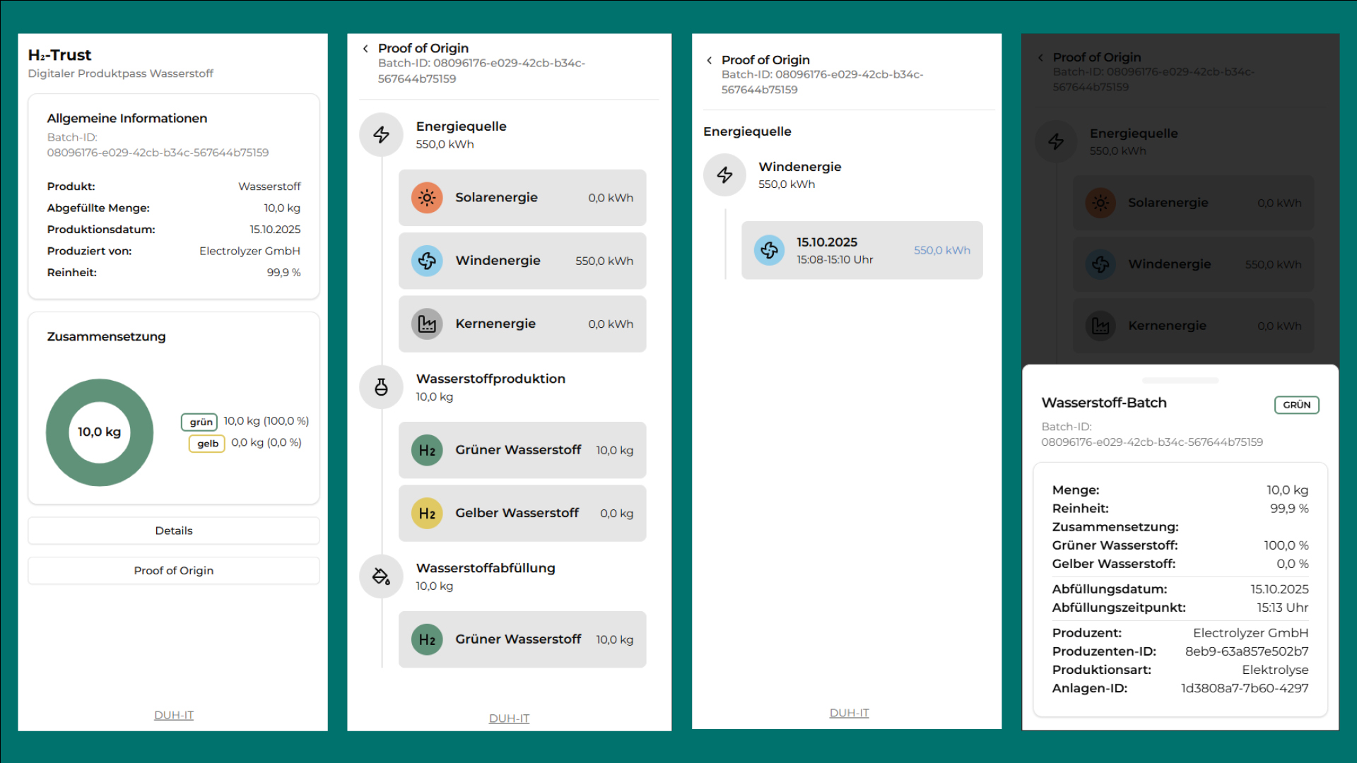 Vier Ansichten der Open Source Anwendung für den Wasserstoff Produktpass H2-Trust auf Smartphonegröße nebeneinander